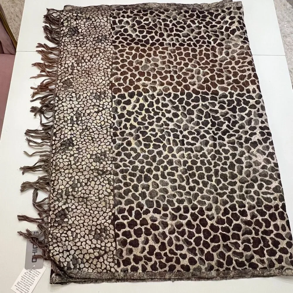 Chico's Womens Wool Blend Fringe Leopard-Print Shawl Scarf Brown 29